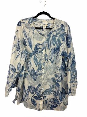 C&C California 100% Linen Blue Floral Leaf Button Front Blouse 1X Plus Size